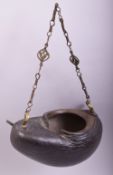 A SUPERB LARGE 19TH CENTURY COCO DE MER KASHKOOL, fitted with metal chain, 28cm long.