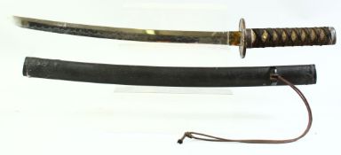 A JAPANESE WAKISASHI AND SHEATH, with oval bronze tsuba depicting samurai, wakisashi 62cm long.