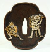 A JAPANESE BRONZE SHAKUDO TSUBA, of quatrefoil form depicting figures to one side, the reverse