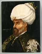 A TURKISH OIL PAINTED PORTRAIT ON WOOD, depicting a sultan, 35cm x 26.5cm.