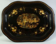A LARGE PAPIER MACHE BLACK LACQUER CHINOISERIE DECORATED TRAY, the gilt work decoration depicting