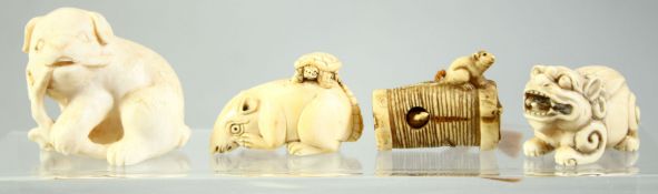 A COLLECTION OF THREE JAPANESE CARVED IVORY NETSUKES, including a carving of a rat with a turtle