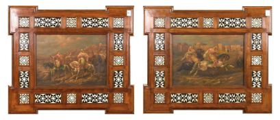 A PAIR OF 20TH CENTURY OIL ON PANEL, SCENES OF EASTERN HORSEMAN brandishing weapons, each 12