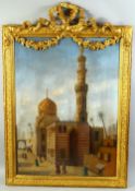 TREVOR HADDON; ARAB STREET SCENE WITH FIGURES STOOD BEFORE A MINARET TOWER, with decorative gilt