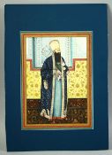 AN ISLAMIC FULL BODY PORTRAIT MINIATURE PAINTING ON PAPER of a sultan, finely painted with gilt