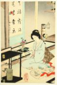 TOYOHARA CHIKANOBU (1838-1912); A JAPANESE WOODBLOCK PRINT of a lady cutting flowers, 35.5cm x 23.