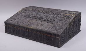 A LARGE INDIAN STAGHORN VENEERED WRITING SLOPE, the interior with sandalwood compartments and ivory,