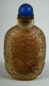 A CHINESE GLASS SCENT BOTTLE AND STOPPER, decorated with carp, dragon and phoenix amongst waves,