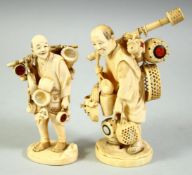 TWO JAPANESE CARVED IVORY OKIMONOS, of basket sellers, each with red and mother of pearl insets, the
