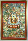 A GOOD LARGE 20TH CENTURY FRAMED TIBETAN THANGKA, framed and glazed, overall 106cm x 71cm.
