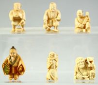 A GROUP OF SIX JAPANESE CARVED IVORY NETSUKES, of various figures, (6).
