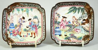 A PAIR OF CHINESE SQUARE FORM ENAMELLED DISHES, decorated with European scenes, 10cm square.
