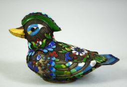 A CHINESE ENAMELLED METALWORK MODEL OF A DUCK, 14cm long.