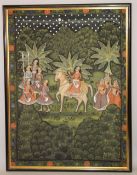 A LARGE FRAMED INDIAN PICHWAI PAINTING ON CLOTH, depicting a royal figure on horseback, 128.5cm x