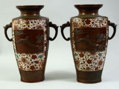 A PAIR OF JAPANESE TWIN HANDLE ENAMELLED BRONZE VASES, with relief panels of a bridge scene, further