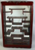 A CHINESE HARDWOOD SNUFF BOTTLE WALL DISPLAY CABINET, 81cm x 51cm.