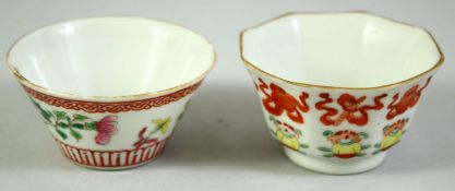 TWO SMALL CHINESE PORCELAIN TEA CUPS, one decorated with native flora, the other of octagonal form