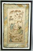 A CHINESE EMBROIDERED SILK PICTURE, depicting two figure beneath a tree, framed and glazed,