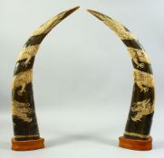 A PAIR OF CHINESE CARVED BULL HORNS mounted to wooden bases, each carved with a dragon with onlaid