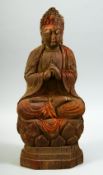 AN 18TH/19TH CENTURY CHINESE CARVED WOOD BUDDHA RELIQUARY, 33cm high.