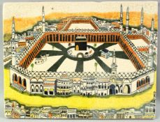 AN ISLAMIC OTTOMAN GLAZED POTTERY TILE depicting Mecca, 27.5cm x 29cm.