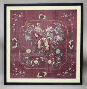 A VERY LARGE CHINESE EMBROIDERED TEXTILE, embroidered with a male and female figure and bird