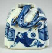 A CHINESE BLUE AND WHITE PORCELAIN BRUSH POT, with moulded chilong and painted with figures, four