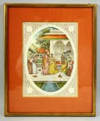 A FINE INDIAN OVAL MINATURE PAINTING ON IVORY with pierced ivory surround, depicting a courtyard