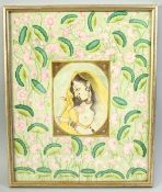 AN INDIAN MINIATURE PAINTING, of a female holding a flower, the border with painted floral