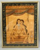 AN INDIAN EROTIC MINIATURE PAINTING, of a couple, the borders with painted gilt floral decoration,