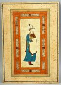 AN ISLAMIC MINIATURE PAINTING ON BOARD, depicting a female figure holding a water vessel, the border