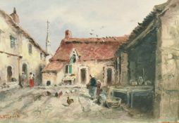 Sarah Louise Kilpack (1839-1909) British, figures and chickens in a courtyard, oil on board, signed,