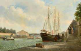 Late 19th Century French, Elegant figures on a quay beside a three masted yacht, oil on canvas 19.