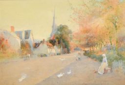Thomas MacKay (1851-1909) British, 'Walkers, Harrogate', female figures with geese on a village