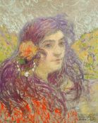 Maurice Chabas (1862-1947) French, a portrait of a young lady with flowers in her hair, oil on