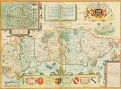 Jodocus Hondius, an original antique hand coloured engraved map of Sussex, with text on the reverse,