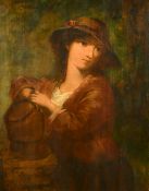 19th Century English School, a female figure in a hat leaning on a post, oil on canvas, indistinctly