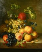 T. Caspers (20th Century) A mixed still life of fruit and flowers on a marble ledge, oil on