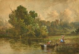 19th Century, River landscape with a figure in a boat and on a wooden jetty, with a church tower