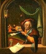 After Gerrit Dou, a schoolmaster sharpening his quill, oil on metal, 8.5