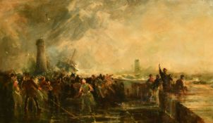 Frank Wasley (1848-1934) British, figures on Whitby harbour with gathering storm clouds above, oil