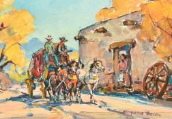 Marjorie Reed (1915-1996) 'Stage stop, Autumn in the old Southwest', oil on board, signed, 5.5