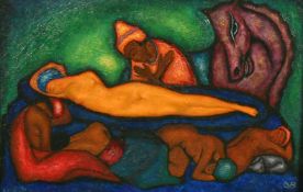 Early 20th Century, 'Sleeping Beauty' with other figures and a horse, oil on panel, Initialled C V