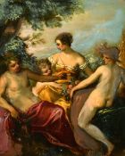 19th Century, a bacchanalian scene of figures in an outdoor setting, oil on metal, 8.25