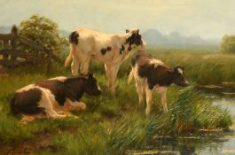 F. Engel, A summer landscape with three cows on the banks of a stream, oil on canvas, signed, 16.