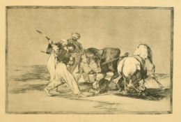 After Goya, a set of seven bull fighting scenes, mixed technique printing, probably early 20th