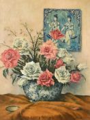 Frank Potter (b 1885), a still life of flowers and foliage in a blue and white bowl, oil on