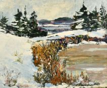 Canadian School circa 1980, 'Rice Lake Peterborough', A winter snow scene by a reeded pond, oil on
