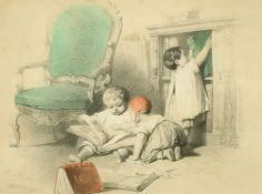 Jules David, A 19th Century hand coloured lithograph, The young Bibliophiles, 5.75