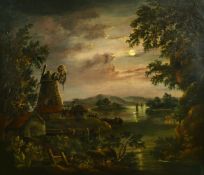 Circle of Pether, 19th Century, a moonlit view of a mill by a river with sailboats beyond, oil on